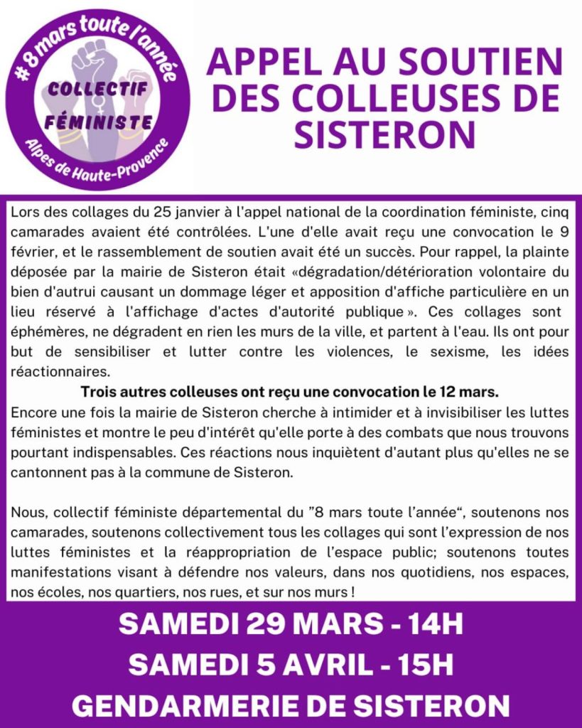Appel au soutiens des colleuses de Sisteron le 27 mars 2025