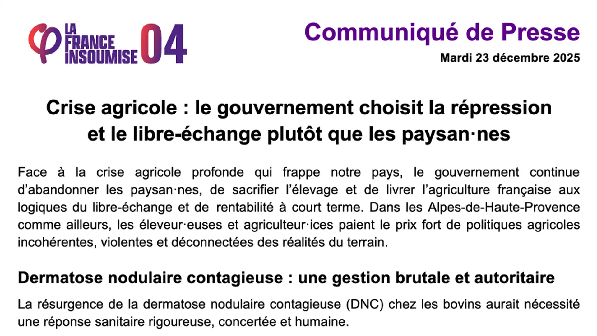 Crise agricole : le gouvernement choisit la répression et le libre-échange plutôt que les paysan·nes