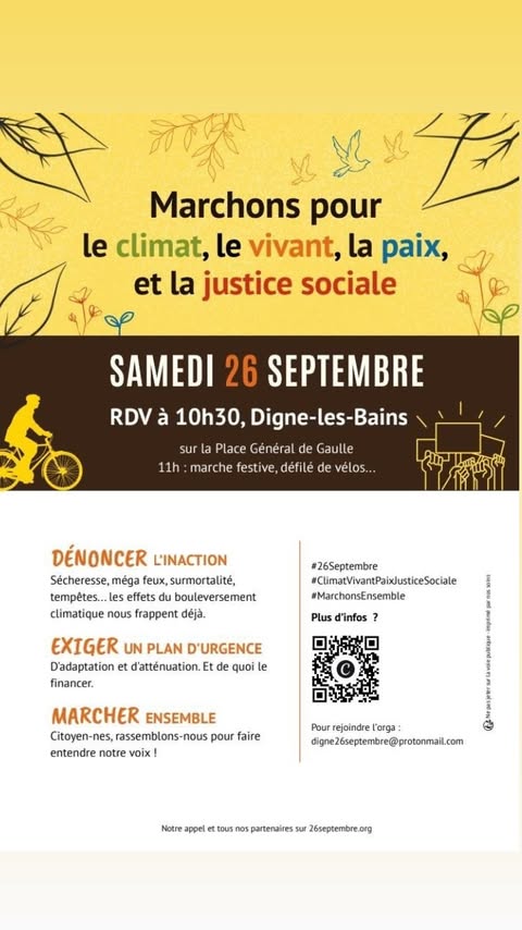 Affiche : Marchons pour le climat, le vivant, la paix et la justice sociale. Samedi 26 septembre RDV à 10h30, Digne-les-Bains, Place du général de Gaulle