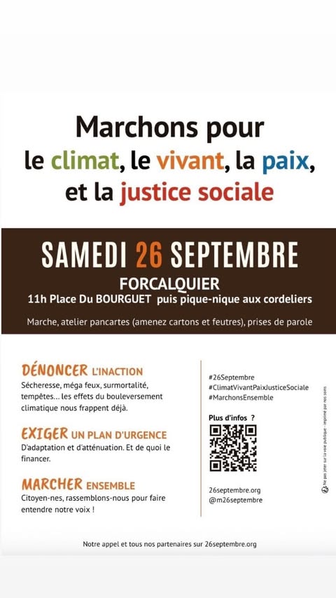 Affiche : Marchons pour le climat, le vivant, la paix et la justice sociale. Samedi 26 septembre RDV à 11h, Forcalquier, Place du Bourguet